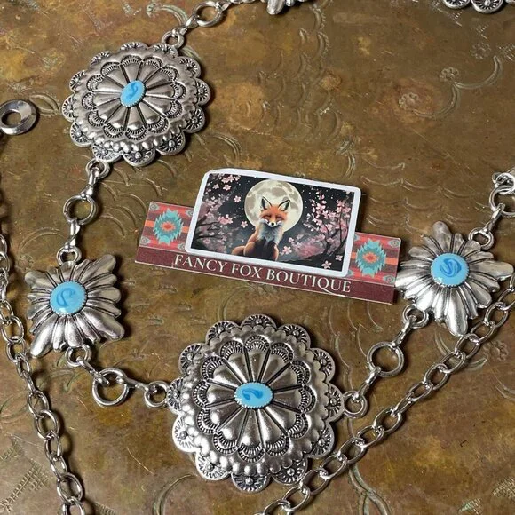 Spring Boho EASTER Gift Southwest Silver Chain belt adjustable 48” Turquoise - Picture 7 of 16